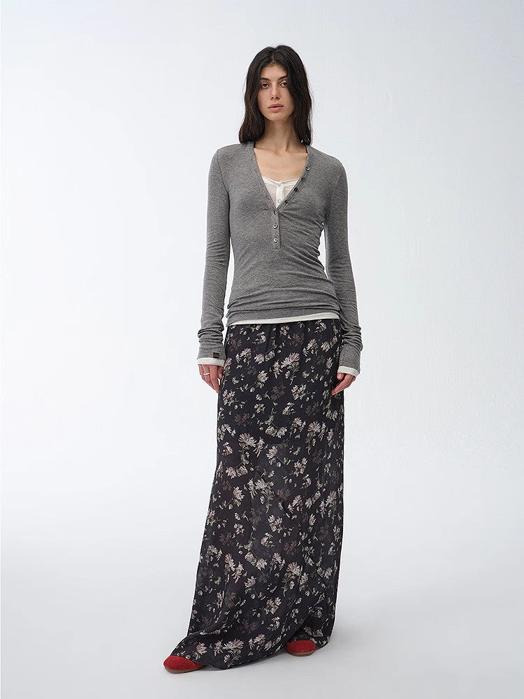 "Gallery Dusse" Vintage Print Straight Draped Skirt-0