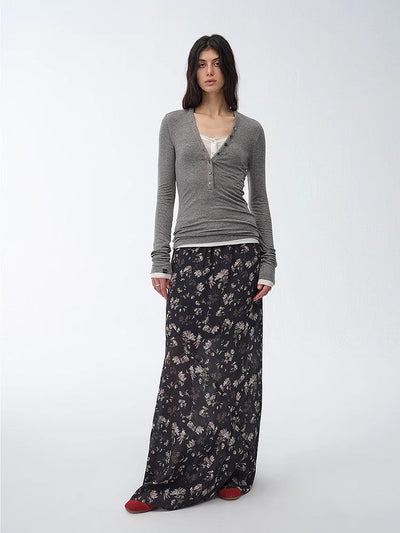 "Gallery Dusse" Vintage Print Straight Draped Skirt-0