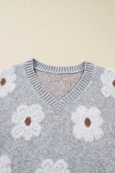 Oversized Grey Floral Knit Jumper – V‑Neck-3