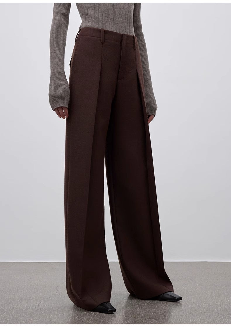Imported wool pleated high-waisted straight-leg