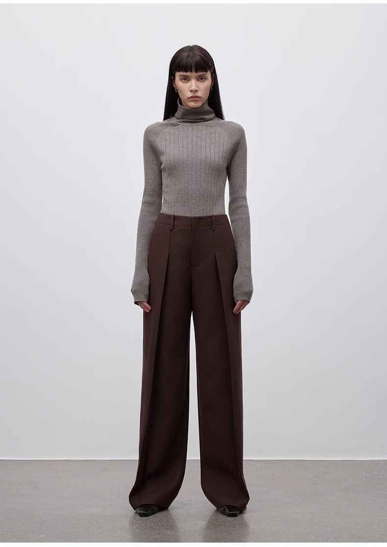 Imported wool pleated high-waisted straight-leg