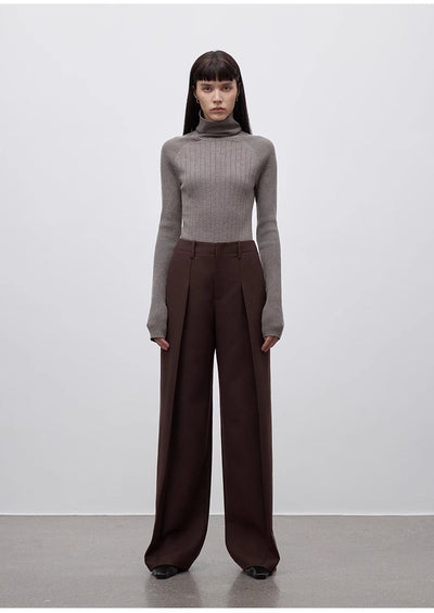 Imported wool pleated high-waisted straight-leg