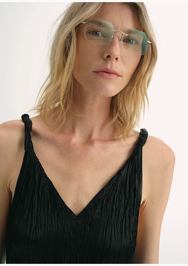 EASTMAN Ice Gloss Acetate Three-Dimensional Wave Drape Pleated V-Neck Suspender Dress-1