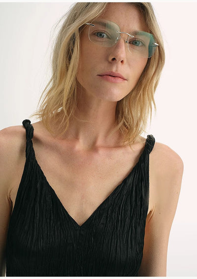 EASTMAN Ice Gloss Acetate Three-Dimensional Wave Drape Pleated V-Neck Suspender Dress-1