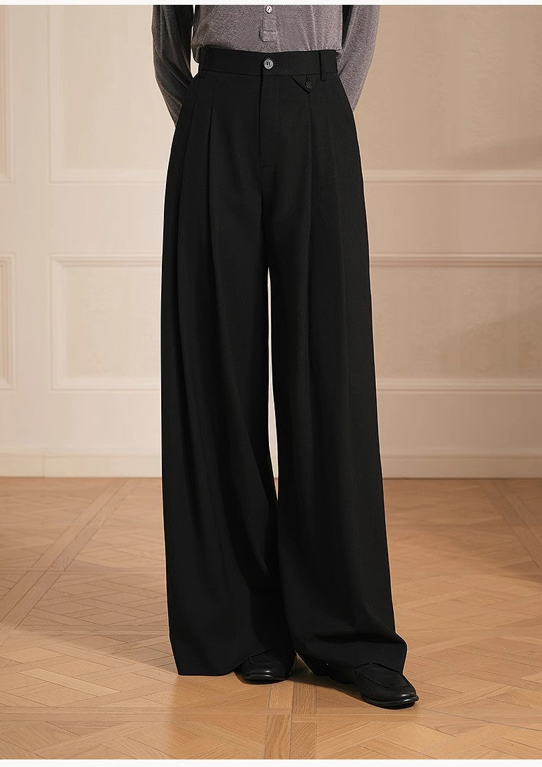 Merino wool blended double pleated wide-leg pants for women