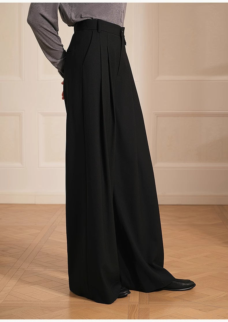 Merino wool blended double pleated wide-leg pants for women