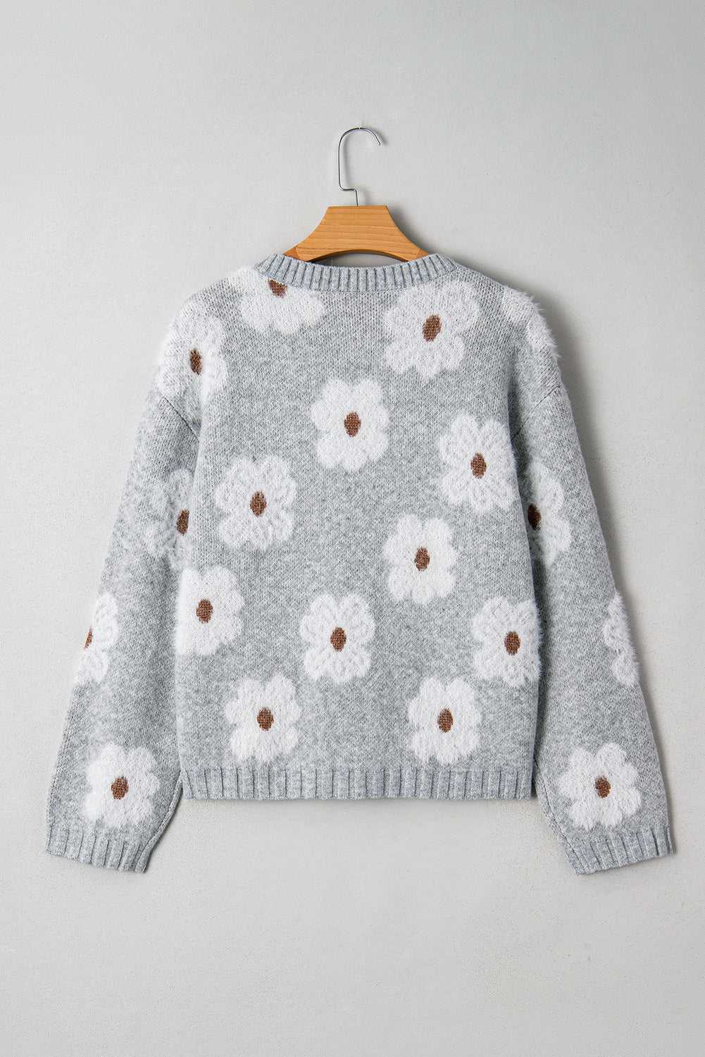 Oversized Grey Floral Knit Jumper – V‑Neck-2