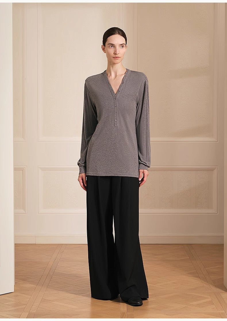 Merino wool blended double pleated wide-leg pants for women