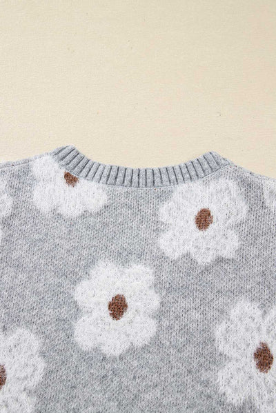Oversized Grey Floral Knit Jumper – V‑Neck-4