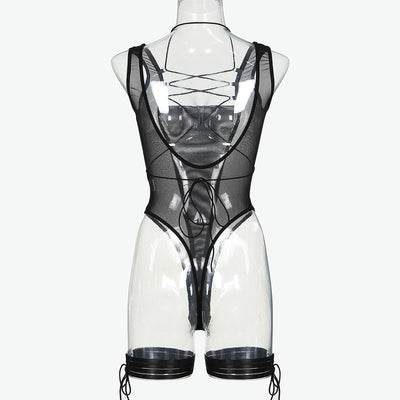 Black Mesh Bodysuit with Open Back Back View