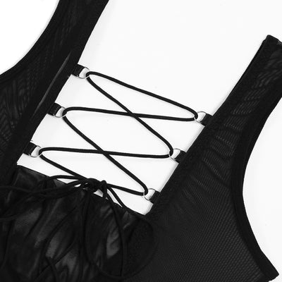 Black Mesh Bodysuit with Open Back Belt Details