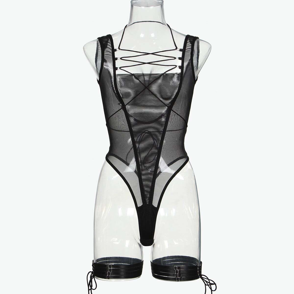 Black Mesh Bodysuit with Open Back Front View