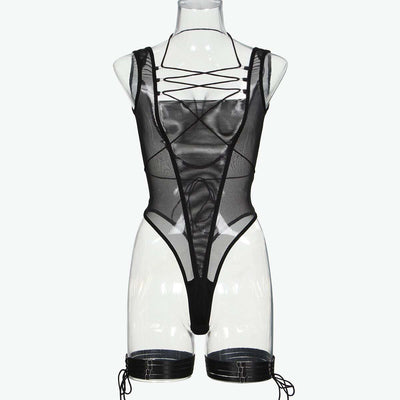Black Mesh Bodysuit with Open Back Front View