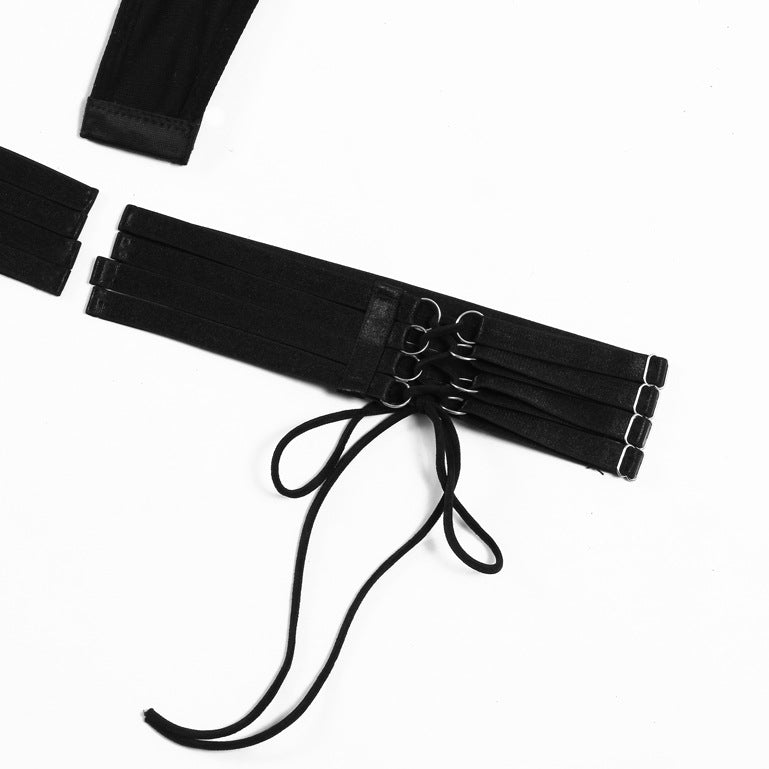 Black Mesh Bodysuit with Open Back Leg Ring Details