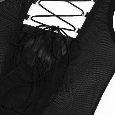 Black Mesh Bodysuit with Open Back Neck Details