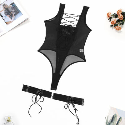 Black Mesh Bodysuit with Open Back Over View