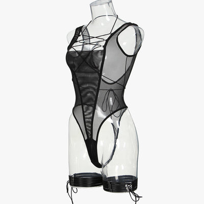 Black Mesh Bodysuit with Open Back Side View