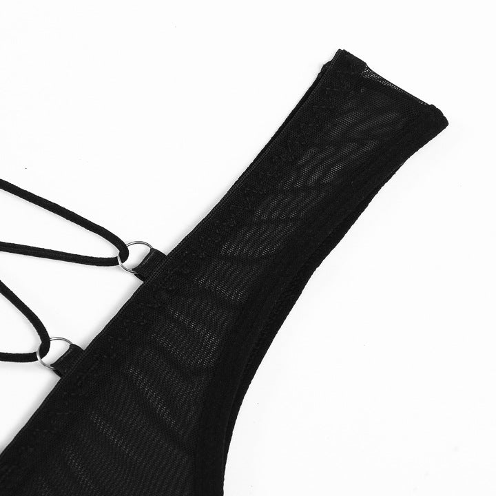 Black Mesh Bodysuit with Open Back Strapy details