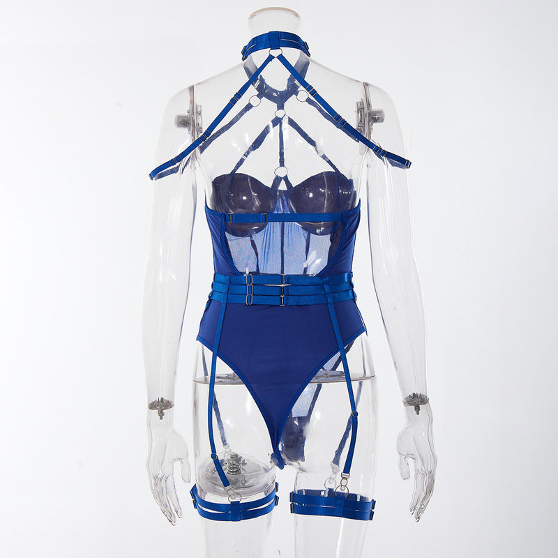 Blue Allure Lace Mesh One-Piece Belt Set Back view