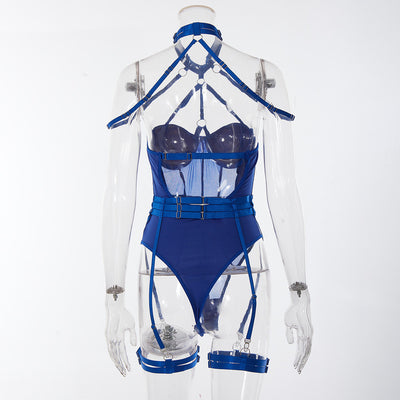 Blue Allure Lace Mesh One-Piece Belt Set Back view