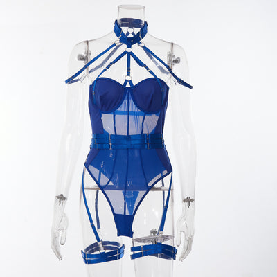Blue Allure Lace Mesh One-Piece Belt Set Front view