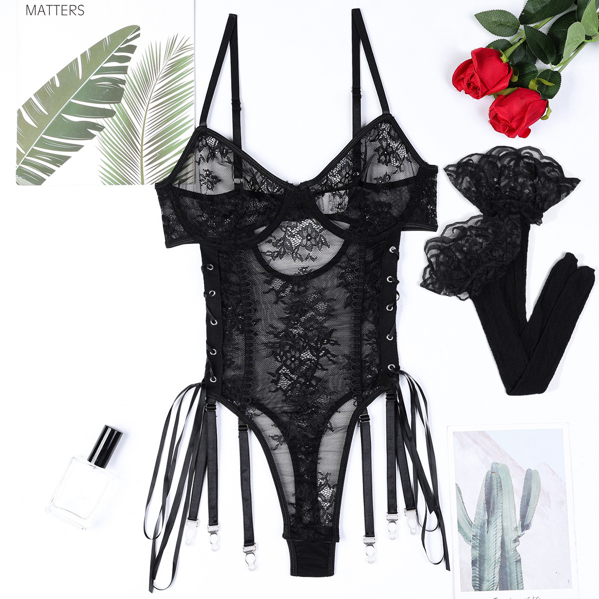 Vienna Lace-Up Sheer Lace 2 Piece Black Bodysuit-1