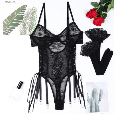 Vienna Lace-Up Sheer Lace 2 Piece Black Bodysuit-1