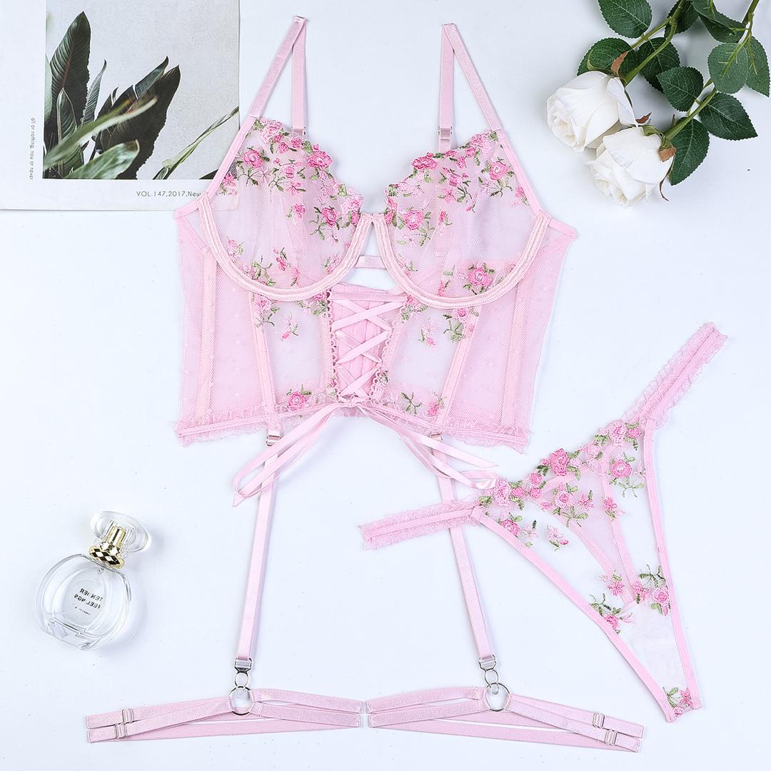 Rose Garden Embroidered Lace 3 Piece Lingerie Set-2