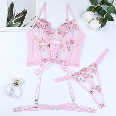 Rose Garden Embroidered Lace 3 Piece Lingerie Set-2