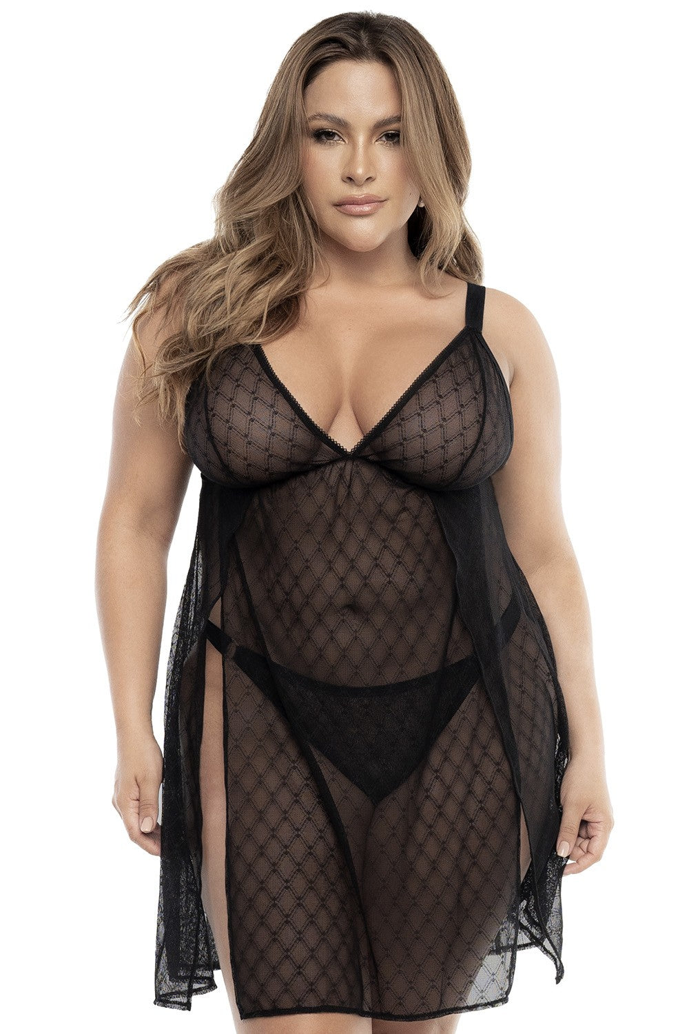 Black Fishnet Nightie, Plus Size - MAL7498XBLK - 3XL/4XL