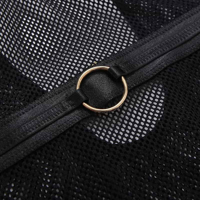 Metal Ring Details Of The See Through Black Mesh Bodysuit