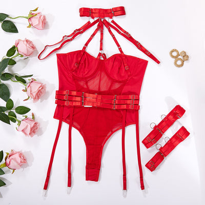 Red Allure Lace Mesh One-Piece Belt Set All view