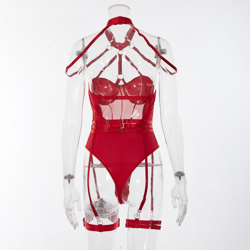 Red Allure Lace Mesh One-Piece Belt Set Back view