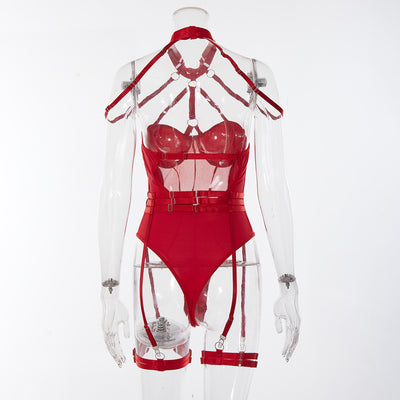 Red Allure Lace Mesh One-Piece Belt Set Back view