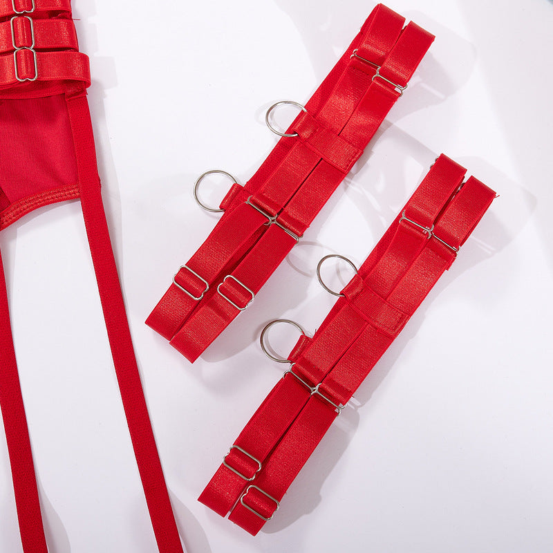 Red Allure Lace Mesh One-Piece Belt Set Buckle details