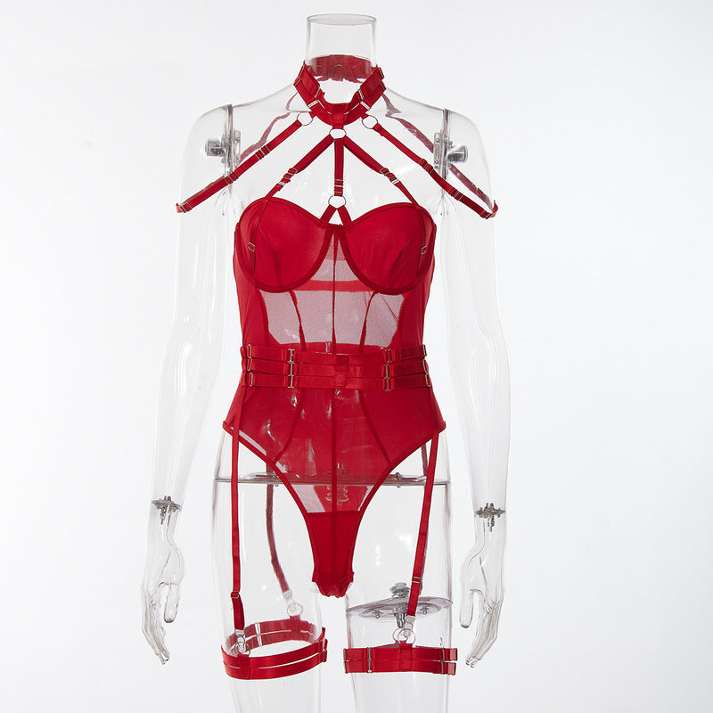 Red Allure Lace Mesh One-Piece Belt Set Front view
