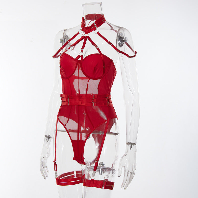Red Allure Lace Mesh One-Piece Belt Set Side view