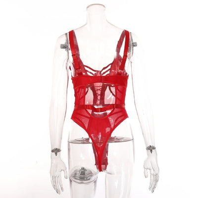 Red Mesh Perspective One-Piece Bra & Panty Set Back view