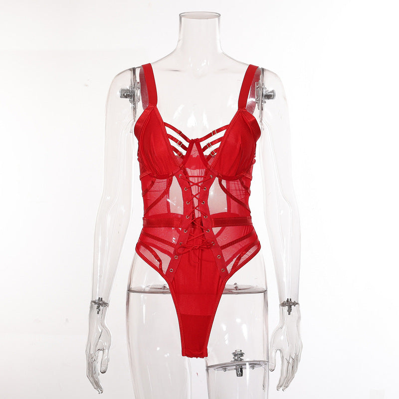 Red Mesh Perspective One-Piece Bra & Panty Set Front view