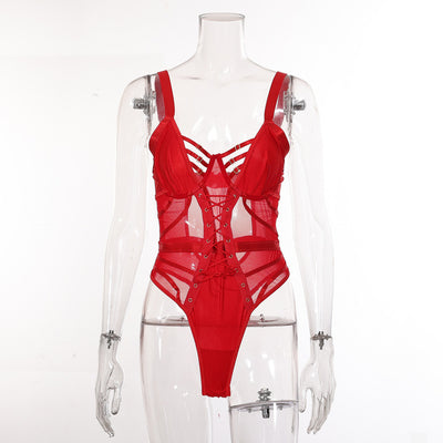 Red Mesh Perspective One-Piece Bra & Panty Set Front view