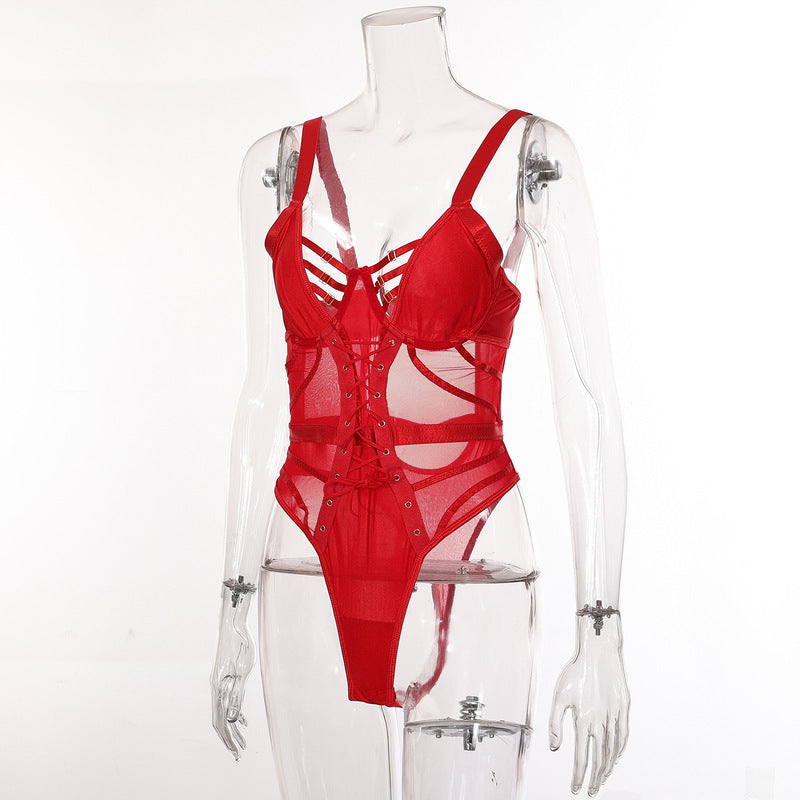 Red Mesh Perspective One-Piece Bra & Panty Set Side view