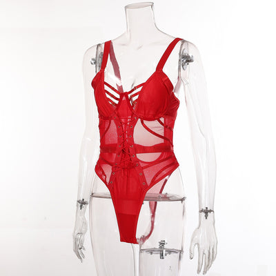 Red Mesh Perspective One-Piece Bra & Panty Set Side view