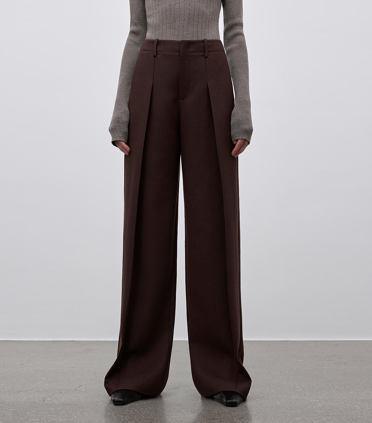 Imported wool pleated high-waisted straight-leg