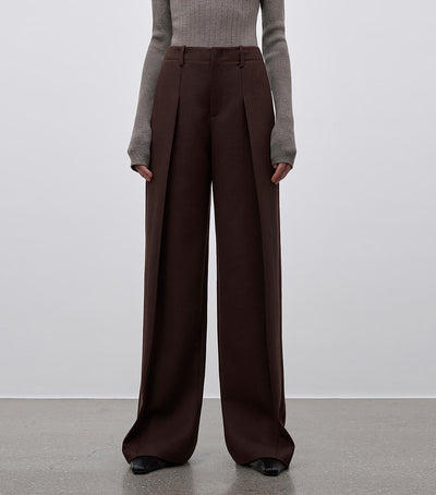 Imported wool pleated high-waisted straight-leg