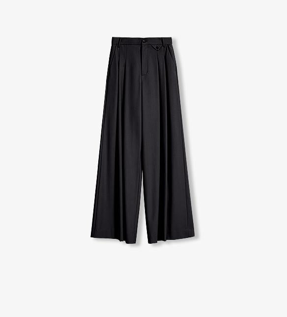 Merino wool blended double pleated wide-leg pants for women