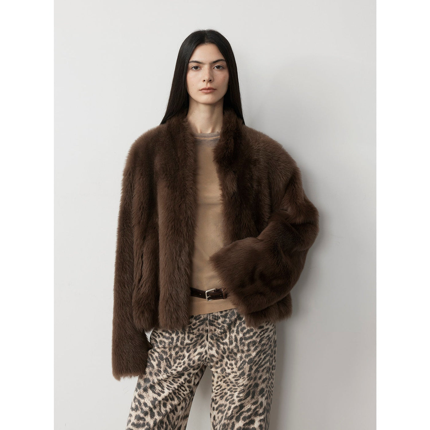 Fireladyfur Women's Casual Drop Shoulder Stand Collar Sheepskin Coat"Practical Wearism"-3