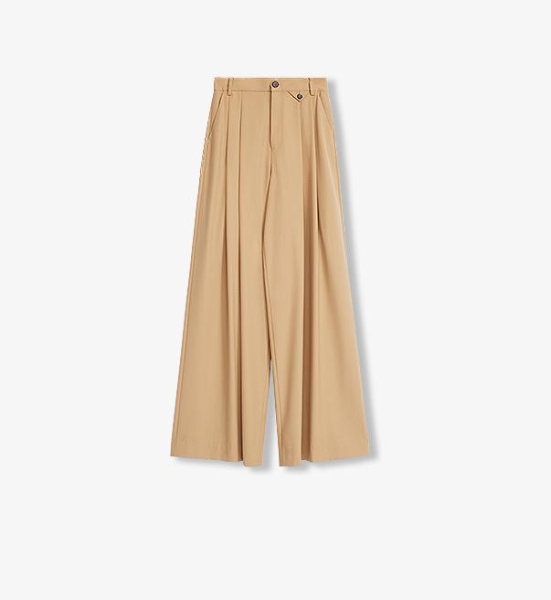 Merino wool blended double pleated wide-leg pants for women
