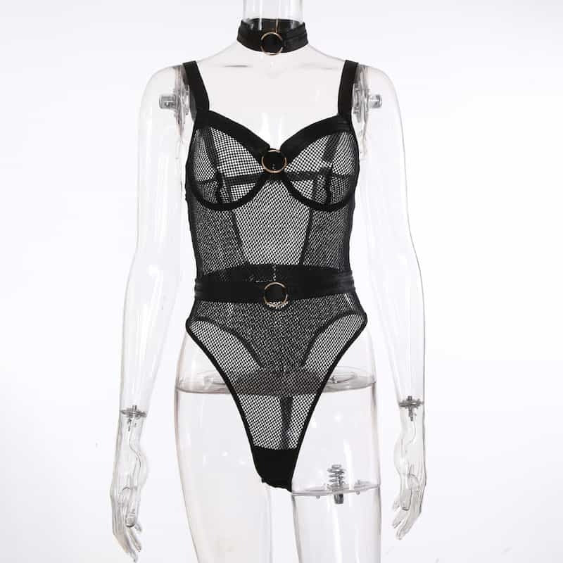 See Through Black Mesh Bodysuit Display On the Model