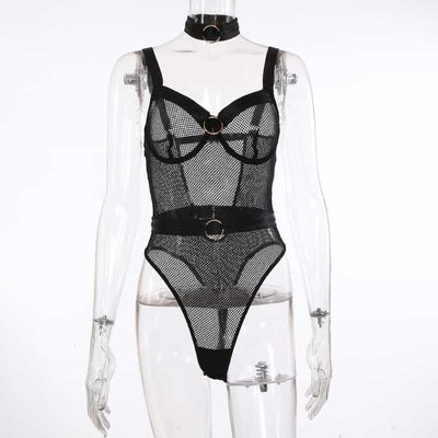See Through Black Mesh Bodysuit Display On the Model