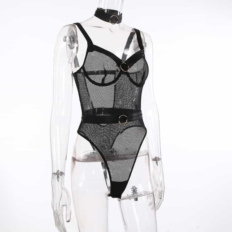 See Through Black Mesh Bodysuit show Sideway